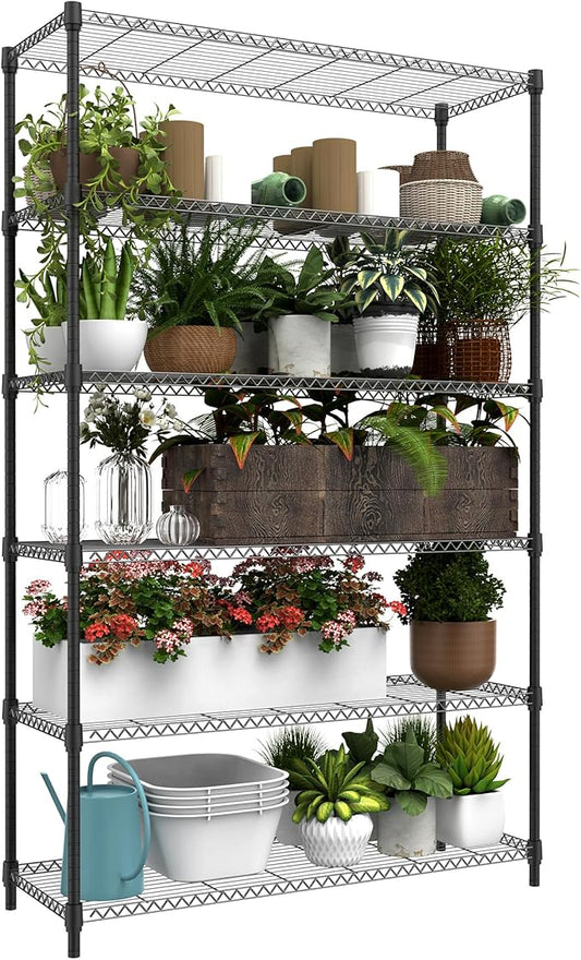 6 Tiers Storage Shelves Load 2100LBS, Metal Shelving Wire Metal Shelving Unit Shelves for Storage Adjustable Garage Shelving for Pantry Kitchen Garage Black 17.7" D x 47.3" W x 82.4" H
