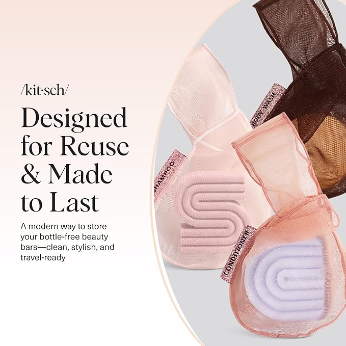 Kitsch Bar Soap Saver Bag – Patented Mesh Bag Soap Holder for Shampoo, Conditioner & Body Wash Bar - Extends Use & Prevents Soggy Mess - Recycled Mesh Pouch - Blush, Terracotta & Chocolate, 3pc Set