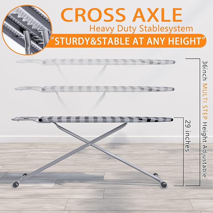 Ironing Board 13" X 43" W/Extra Thick Heavy Duty Padded Cover, Height Adjustable,Heat & Scorch Resistant Fabric, Anti-Skid Feet, Extra Wide, Easy to Fold Checkered Gray