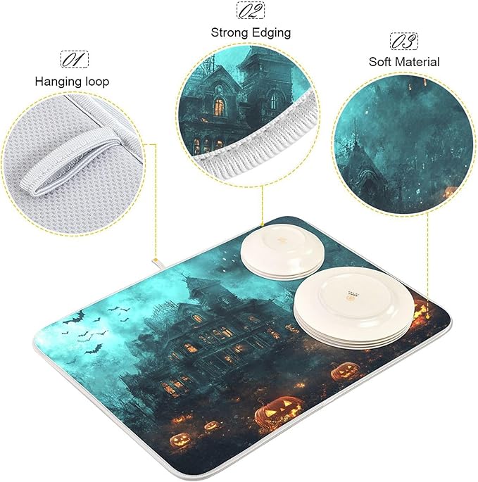 Halloween Castle Dish Drying Mat for Kitchen Countertop 16x18 Spooky Witch Pumpkin Lantern Small Drying Mat Reusable Quick Dry Dish Sink Mats Easy Clean Decorative Essentials