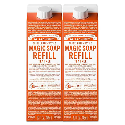 Dr. Bronner's Magic Soap-Pure-Castile Liquid Soap Refill (Tea Tree, 32 ounce, 2-Pack)-Regenerative Organic Certified Oils, For Body, Hair, Laundry & Dishes, Concentrated, Vegan, Non-GMO