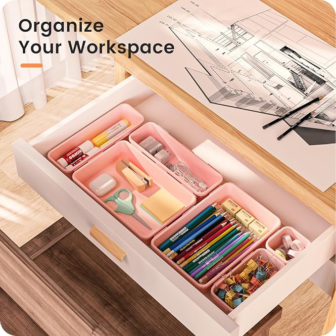 A-LuGei 【28PCS】 Drawer Organizer, Bathroom Organizers and Storage, Makeup organizer, Desk drawer organizer, Storage Bins for Kitchen Office Bedroom Vanity Jewelry Pantry Garage【Pink】【4Size】