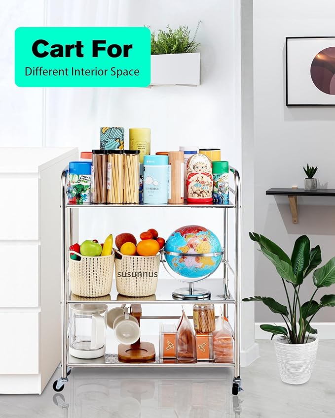 susunnus Stainless Steel Cart with Wheels 5 Tier,Stainless Steel Kitchen Cart,Utility Cart,Metal Cart with Wheels,Suitable for Various Occasions,Movable,Gift Tools