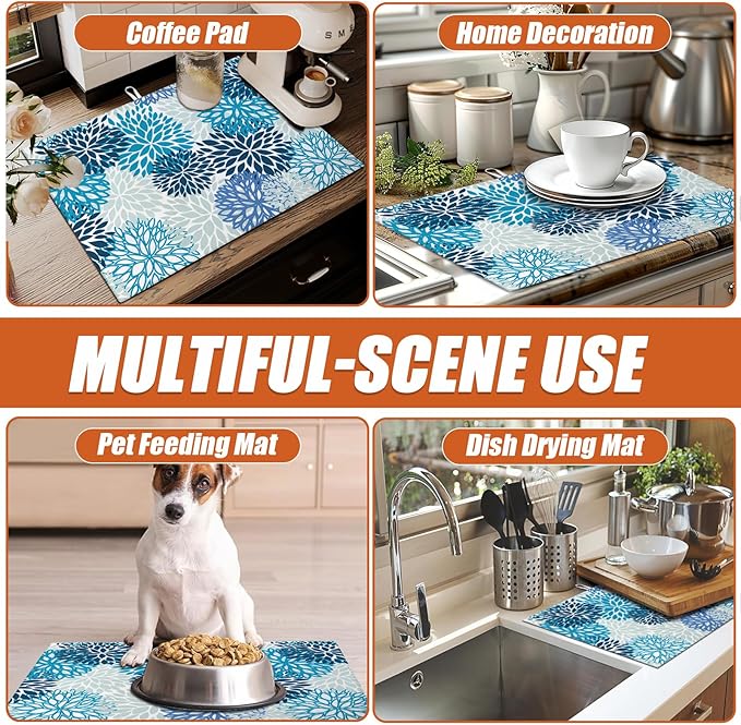 Blue Floral Dish Drying Mat for Kitchen Counter Microfiber Absorbent Dish Kitchen Drying Mat Draining Reusable Washable for Dishes/Utensils/Counterto