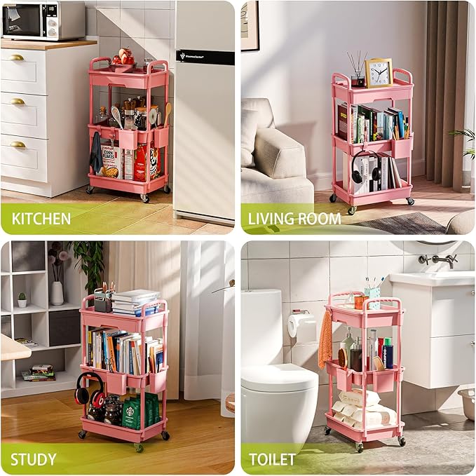 3 Tier Rolling Cart Organizer,Laundry Room Bathroom Organizers and Storage Office Shelves Mobile Shelving Unit Kitchen Trolley Cart with Wheels for Art,Craft,Diaper,Bedside,Snack(Pink)