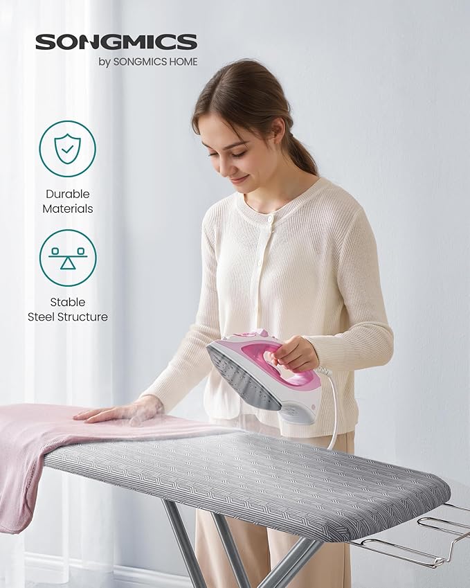 SONGMICS Ironing Board, Foldable Iron Board, Height Adjustable up to 35 Inches, with 4 Layered Cover and Pad, Iron Rest, Hook, Steel X-Legs, for Home, Laundry Room, Dorm, Dove Gray ULLB001G01