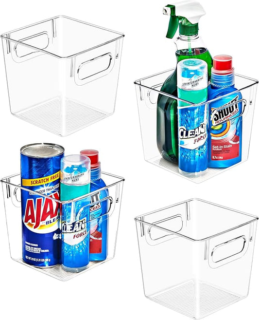 Sorbus 4 Pack Small Clear Plastic Storage Bins, Clear Organizer Bins with Handle for Kitchen, Pantry, Cabinet, Refrigerator, Craft, Toys, Clothes, Closet, Under Sink, Bathroom Organizers and Storage
