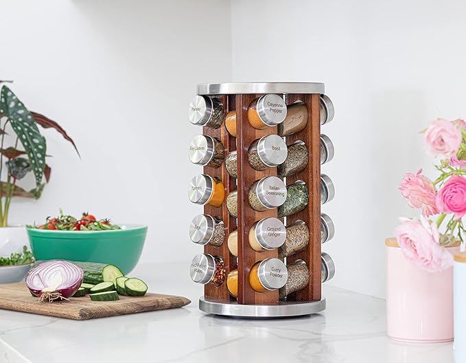 Orii 20 Jar Dark Acacia Wood Spice Rack with Spices Included - Rotating Tower Organizer for Kitchen Spices and Seasonings, (Dark Stained Acacia Wood)
