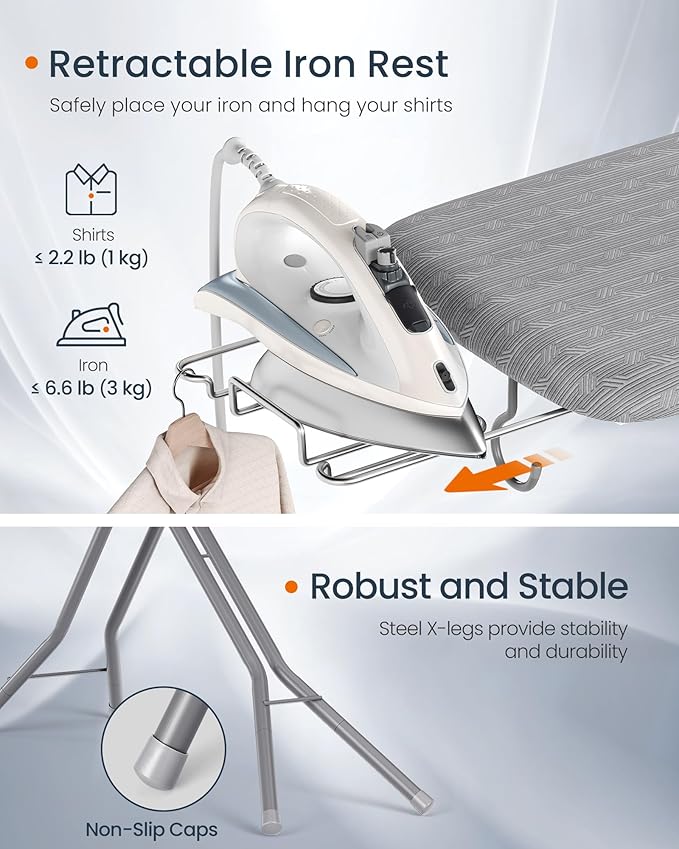 SONGMICS Ironing Board, Foldable Iron Board, Height Adjustable up to 35 Inches, with 4 Layered Cover and Pad, Iron Rest, Hook, Steel X-Legs, for Home, Laundry Room, Dorm, Dove Gray ULLB001G01