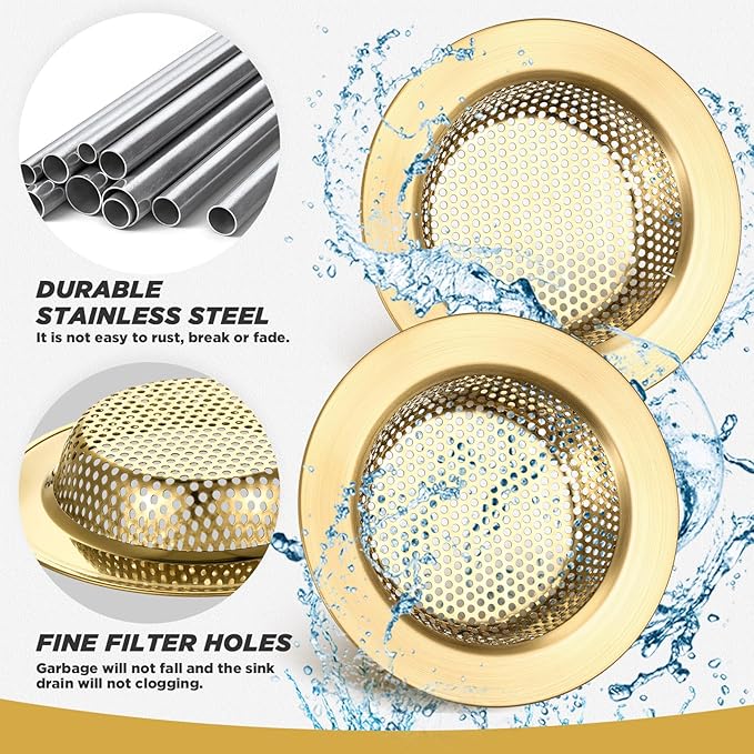 Retisee 2 Pcs Sink Strainer Stainless Steel Kitchen Sink Drain Strainer Basket Cover Mesh Hair Food Catcher, Large Wide Rim of 4.4 Diameter(Brushed Gold)