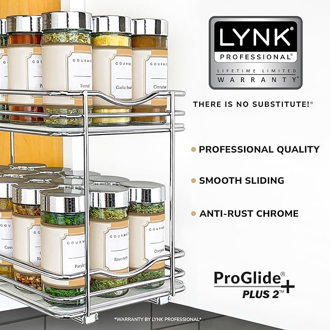 LYNK PROFESSIONAL® Pull Out Spice Rack Organizer for Inside Kitchen Cabinets - 6-1/4 inch Wide - Slide Out Drawer – Chrome Sliding Spice Cabinet Organization Shelf Racks - 2 Tier