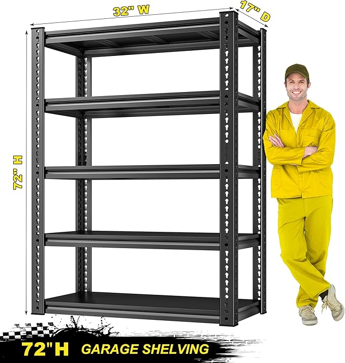 REIBII Garage Shelving Load 2000 LBS, Adjustable 5-Tier Storage Shelves, Metal Shelving Units and Storage Rack Shelf for Garage, Basement, Kitchen, 32" W x 17" D x 72" H, Black
