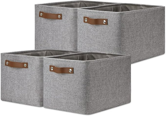DULLEMELO Storage Baskets for Shelves, Fabric Collapsible Rectangular Storage Bins for Shelves, Closets, Nursery, Home, Office, Empty Gift Baskets (4-Pack, Grey)