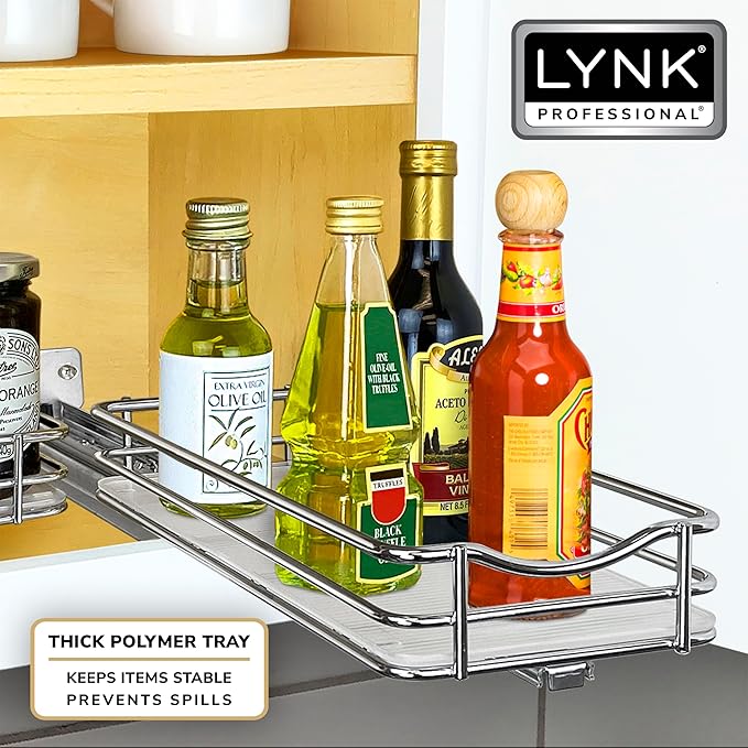 LYNK PROFESSIONAL® Pull Out Spice Rack Organizer for Inside Kitchen Cabinets - 4-1/4 inch Wide - Slide Out Drawer – Chrome Sliding Spice Cabinet Organization Shelf Racks - 1 Tier