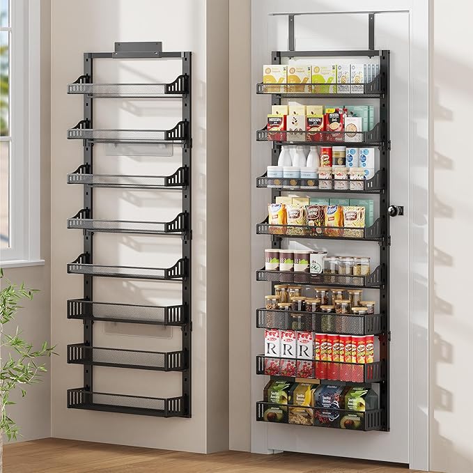 8-Tier Over the Door Pantry Organizer, Large Metal Door Spice Rack with Adjustable Basket, 2 in 1 Wall Mount or Hanging Heavy-Duty Pantry Door Storage Shelf for Kitchen and Bathroom, Black
