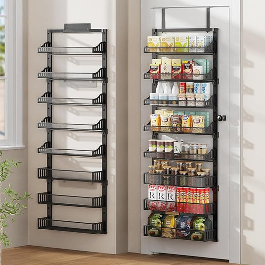 8-Tier Over the Door Pantry Organizer, Large Metal Door Spice Rack with Adjustable Basket, 2 in 1 Wall Mount or Hanging Heavy-Duty Pantry Door Storage Shelf for Kitchen and Bathroom, Black