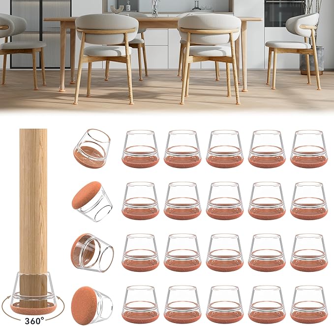 24PCS Upgraded Silicone Chair Leg Floor Protectors for Hardwood Floors, Furniture Sliders for Chair Legs, 360°Felt Pad Bottom Wrapped Thickening Furniture Pads Cap Covers to Scratch and Reduce Noise