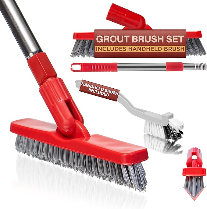 Foxtrot Living Grout Brush with Long Handle & Handheld Stiff Bristle Scrubber, V-Shaped Cleaner with Telescopic Handle for Easy Cleaning & Storage - Tile Floor Cleaning Brush