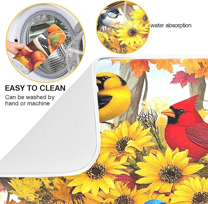 Fall Birds Dish Drying Mat for Kitchen Countertop 16x18 Autumn Pumpkin Sunflower Small Drying Mat Reusable Quick Dry Dish Sink Mats Easy Clean Decorative Essentials