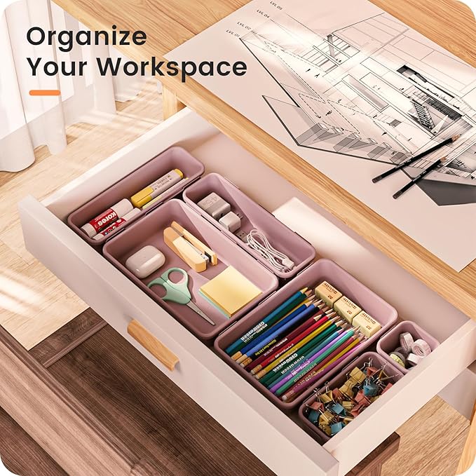 A-LuGei 【28PCS】 Drawer Organizer, Bathroom Organizers and Storage, Makeup organizer, Desk drawer organizer, Storage Bins for Kitchen Office Bedroom Vanity Jewelry Pantry Garage【Purple】【4Size】
