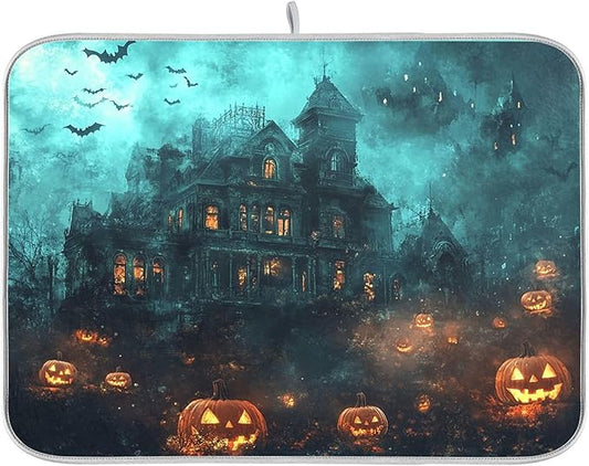 Halloween Castle Dish Drying Mat for Kitchen Countertop 18x24 Spooky Witch Pumpkin Lantern Large Drying Mat Reusable Quick Dry Dish Sink Mats Easy Clean Decorative Essentials