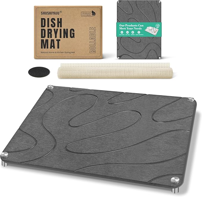 Stone Drying Mat For Kitchen Counter Superb Absorbent Diatomaceous Earth Mats with Non-Slip Feet Quick Dry Stone Dish Drying Pad Dish Pad Multi-Purpose(Flow Line-DarkGrey, 15.7" x 11.8")
