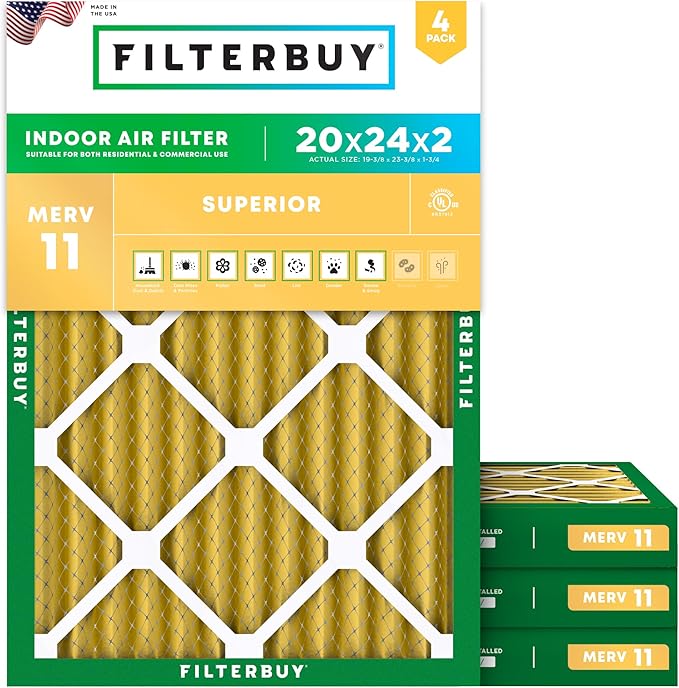 Filterbuy 20x24x2 Air Filter MERV 11 (MPR 1200) Allergen Defense Replacement (4-Pack), Electrostatic Pleated HVAC AC Furnace Filters, Made in USA (Actual Size: 19.38 x 23.38 x 1.75)