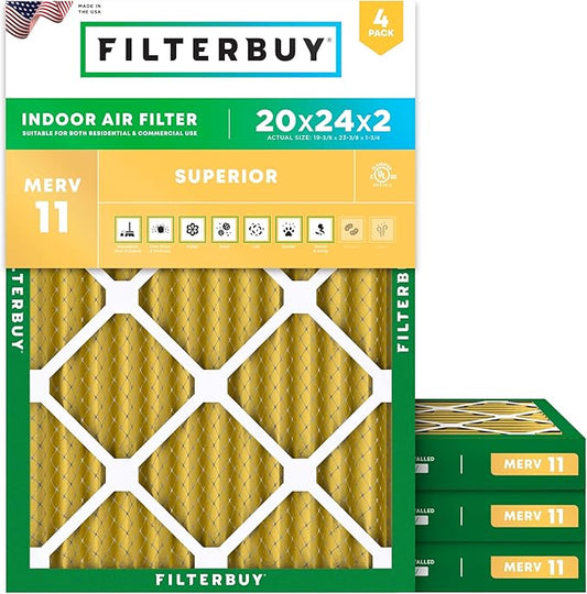 Filterbuy 20x24x2 Air Filter MERV 11 (MPR 1200) Allergen Defense Replacement (4-Pack), Electrostatic Pleated HVAC AC Furnace Filters, Made in USA (Actual Size: 19.38 x 23.38 x 1.75)