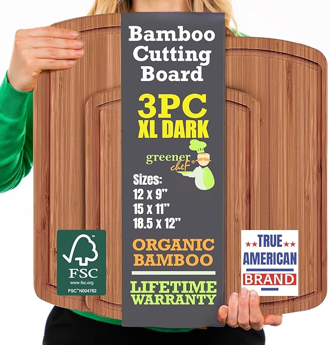 Bamboo Wooden Cutting Board Set of 3 - Used to Chop Veggies, Carve Meat, Present Charcuterie at Mealtime Prep and Family Gatherings - Ideal for Professional and Busy Home Chefs - Dark