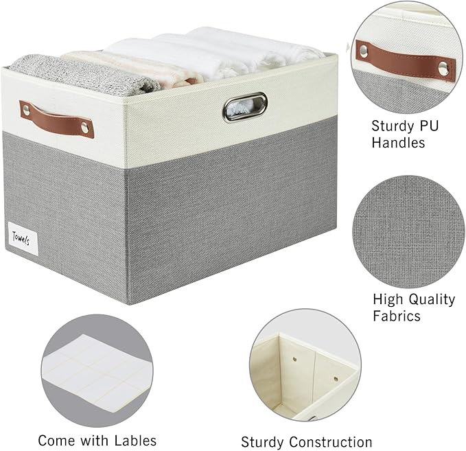 Large Collapsible Fabric Storage Bins with 3 Handles, Foldable Organizer Baskets for Closet, Shelves, Living Room | 3 Pack, Durable PU & Metal Handles (17"x11.8"x11.8", Gray & White)