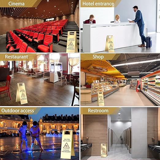 Kigley 2 Pcs Wet Floor Sign, 24 Inch Stainless Steel Caution Wet Floor Sign Double Sided Portable Foldable Bilingual Safety Warning for Hotel Market Restroom Restaurant Office (Gold)