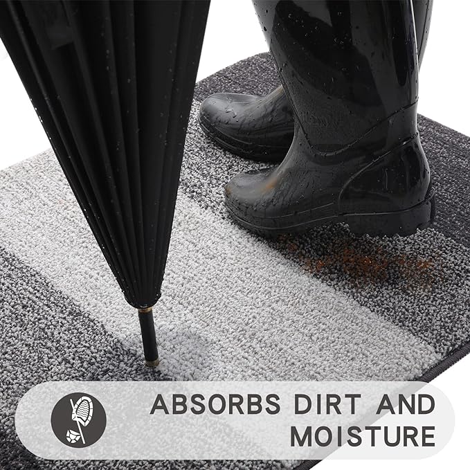 Kitinjoy Indoor Outdoor Door Mat, 32x20 Non-Slip Absorbent Dirt Trapper, Low-Profile Washable Inside Entrance Front Floor Mat, Sturdy Soft Entry Doormats for Entryway, Grey