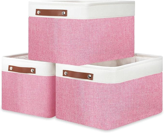 DULLEMELO Storage Baskets for Organizing, Shelves,Bedroom, Decorative Storage Bins with Faux Leather Handles, Fabric Storage Basket for Office, Toys(3-Pack, White&Pink)