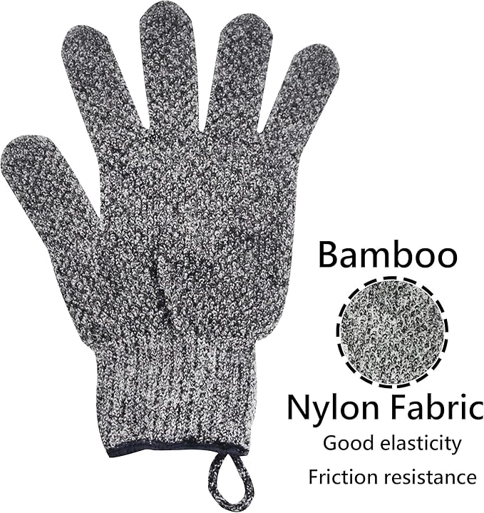 Exfoliating Gloves with Hanging Loop - 1 Pair Bamboo Charcoal Bath/Shower Gloves, Bath Gloves for Shower Exfoliating and Ingrown Hair/Dead Skin Remover - Bamboo Charcoal - Exfoliator Mitt Scrub Gloves