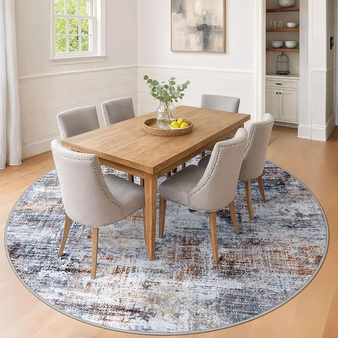 IOHOUZE Abstract Round Area Rug 8 Ft Washable Circle Rugs Large Round Rug Non Slip Thin Soft Circle Rugs, Printed Faux Wool Floor Carpet for Bedroom Living Room Dining Room Nursery, Orange Grey