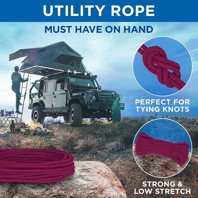 TECEUM Cotton Rope 3/16” (5 mm) – 50 FT – Strong All-Purpose Braided Rope – Natural Cotton – for Crafting, Сamping, Clothes Line, DIY, Indoor & Outdoor Use – Deep Pink
