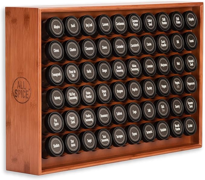 AllSpice Spice Rack Organizer, Wood, 525 Unique Labels, Countertop or Wall Mount, Includes 60 4oz Jars- Cherry Stain