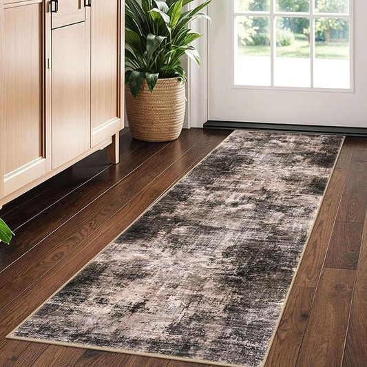 IOHOUZE Abstract Runner Rug 2x5 Ft Washable Runners for Hallways, Non Slip Kitchen Runner Printed Faux Wool Entryway Runner Indoor, Modern Abstract Floor Carpet for Hall Kitchen Bedroom, Brown/Rust