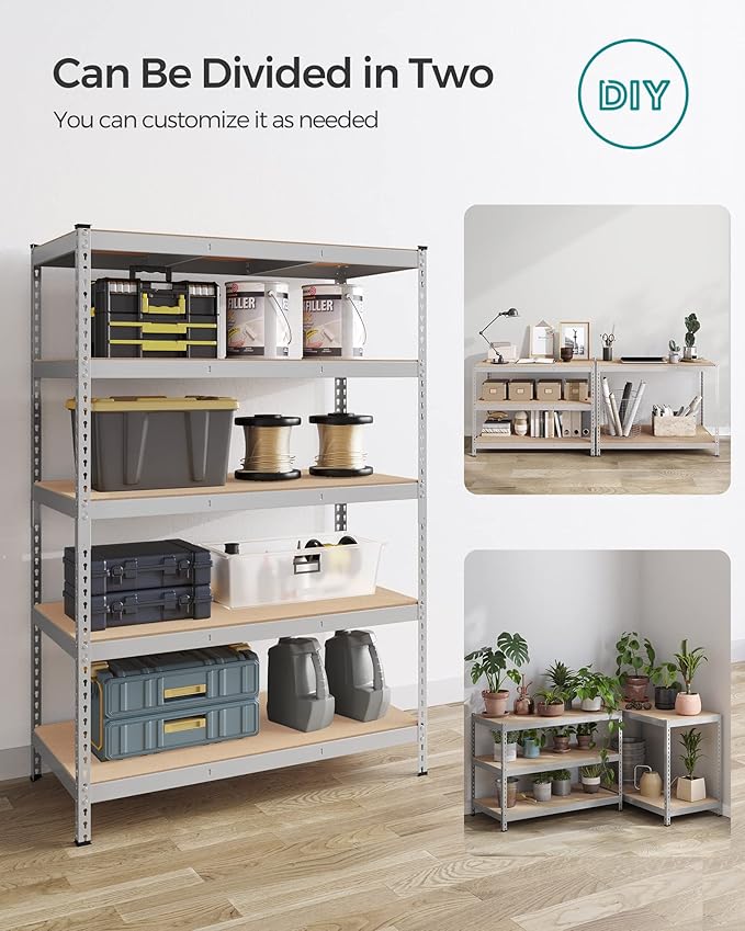 SONGMICS 5-Tier Storage Shelves, Load 2310 lb, Set of 2 Garage Storage, Boltless Assembly, Adjustable Shelving Unit, 23.6 x 47.2 x 70.9 Inches, for Study Shed Basement, Silver UGLR600E02