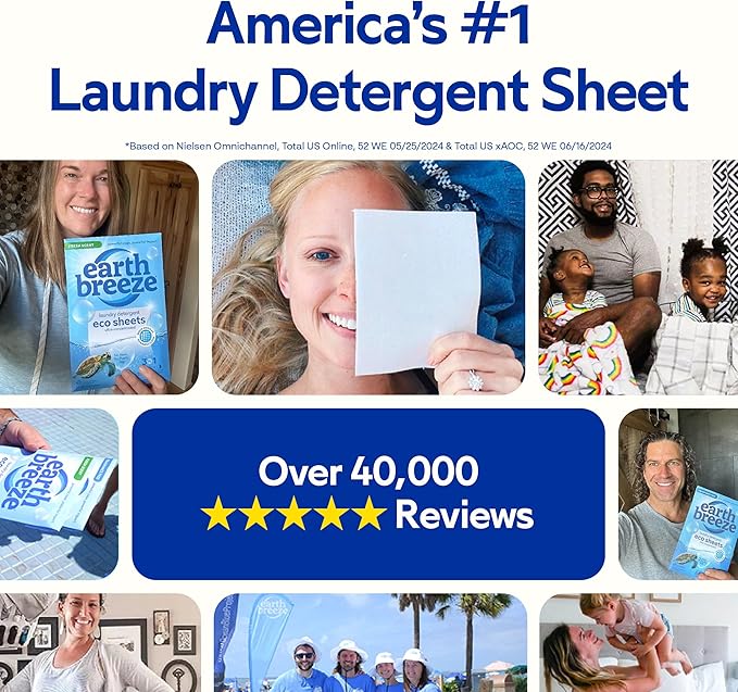 Earth Breeze Laundry Detergent Sheets Fragrance-Free - 60 Loads Eco Liquidless Soap - Travel-Friendly for Hot & Cold Cycles, Tackles Tough Stains & Odors - Gentle on Sensitive Skin, 30 Ct