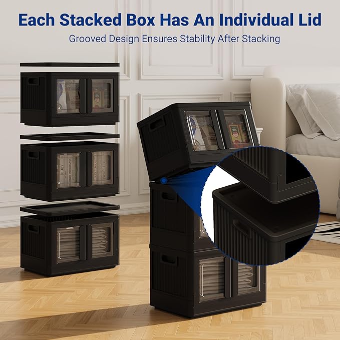 FLEXIMOUNTS 110 QT Stackable Storage Bins With Lids, Collapsible Plastic Storage Bins With Doors and Built-in Wheels For Home Dorm Closet Organizers and Storage, 3 Pack Cubes, Black