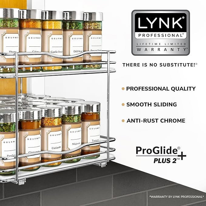 LYNK PROFESSIONAL® Pull Out Spice Rack Organizer for Inside Kitchen Cabinets - 10-1/4 inch Wide - Slide Out Drawer – Chrome Sliding Spice Cabinet Organization Shelf Racks - 2 Tier