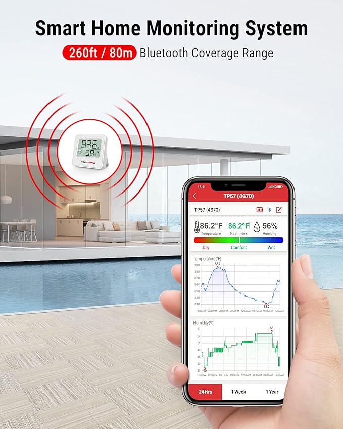 ThermoPro TP357 Digital Hygrometer Indoor Thermometer of 260FT, Bluetooth Humidity Meter with Smart App, Room Humidity Gauge with Humidity Sensor, 2-Year Data Storage and Export