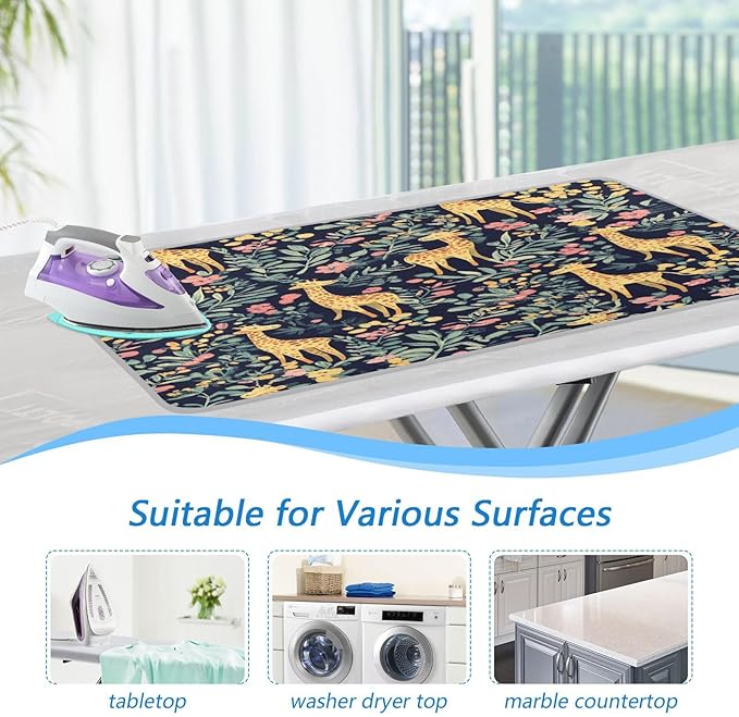 Giraffe Flowers Leaves Green Ironing Mat Thickened Ironing Blanket Travel Portable Double-Side Using Ironing Pad Travel Isolate Heat Pad Cover for Washer Dryer Table Top Countertop 27.6x47.2in