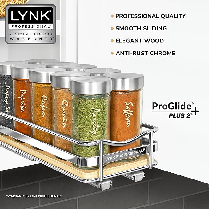 LYNK PROFESSIONAL® Élite™ Pull Out Spice Rack Organizer for Inside Kitchen Cabinets - 4-1/4 inch Wide - Slide Out Drawer – Wood/Chrome Sliding Spice Cabinet Organization Shelf Racks - 1 Tier