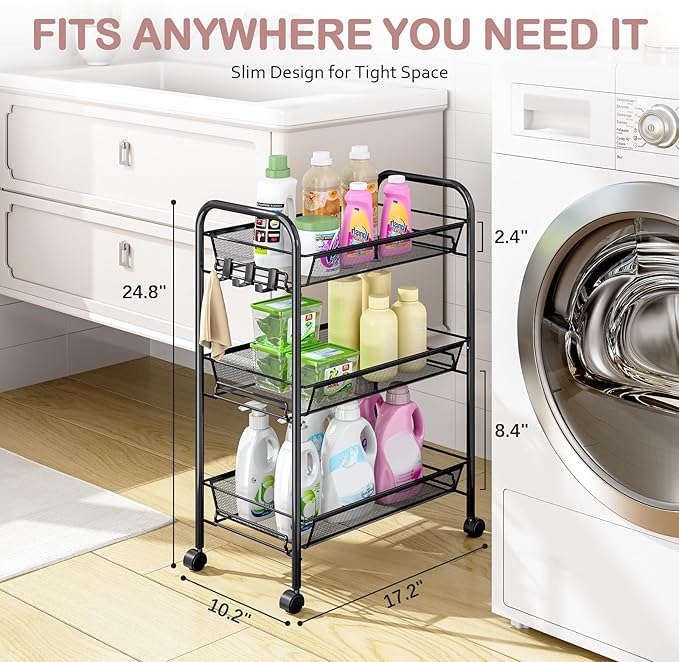 TOOLF 3-Tier Metal Rolling Cart, Mesh Wire Easy Assemble Utility Cart, Storage Trolley on Wheels with 3 Hooks, MetalStorage Shelving Units for Kitchen Bathroom Laundry Room
