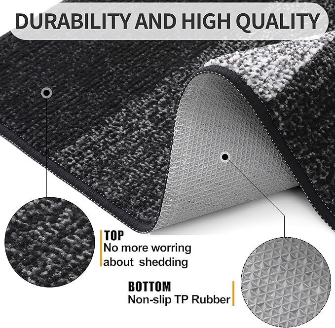 Kitinjoy Indoor Outdoor Door Mat, 48x32 Non-Slip Absorbent Dirt Trapper, Low-Profile Washable Inside Entrance Front Floor Mat, Sturdy Soft Entry Doormats for Entryway, Black