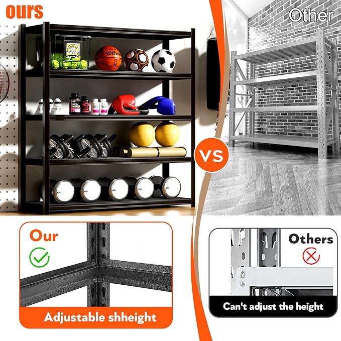 48.2" W Garage Shelving 3000LBS Storage Shelves Heavy Duty Garage Storage Shelves Adjustable 5 Tier Metal Shelves for Storage Industrial Heavy Duty Shelving Utility Shelf 24.2"Dx48.2"Wx 72.2"H