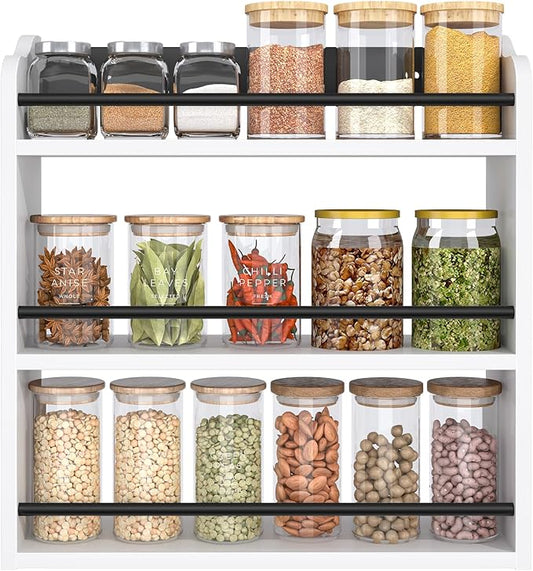 3 Tier Wooden Spice Rack, Seasoning Jars Rack Shelf Spice Organizer for Countertop or Wall Mount, Vertical Spice Holder for Kitchen Counter, Cabinet, Pantry, White