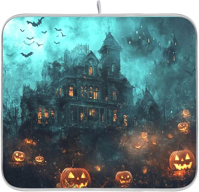 Halloween Castle Dish Drying Mat for Kitchen Countertop 16x18 Spooky Witch Pumpkin Lantern Small Drying Mat Reusable Quick Dry Dish Sink Mats Easy Clean Decorative Essentials